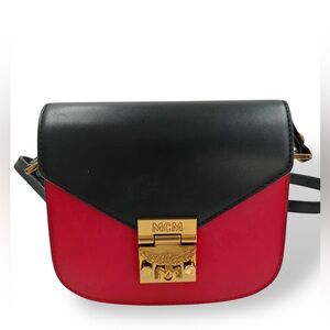 Authentic MCM Patricia Visetos Leather Crossbody Bag Black Red Gold Hardware